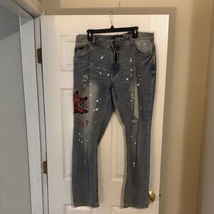 Akoo Gray Relaxed Men Jeans with Red Accent